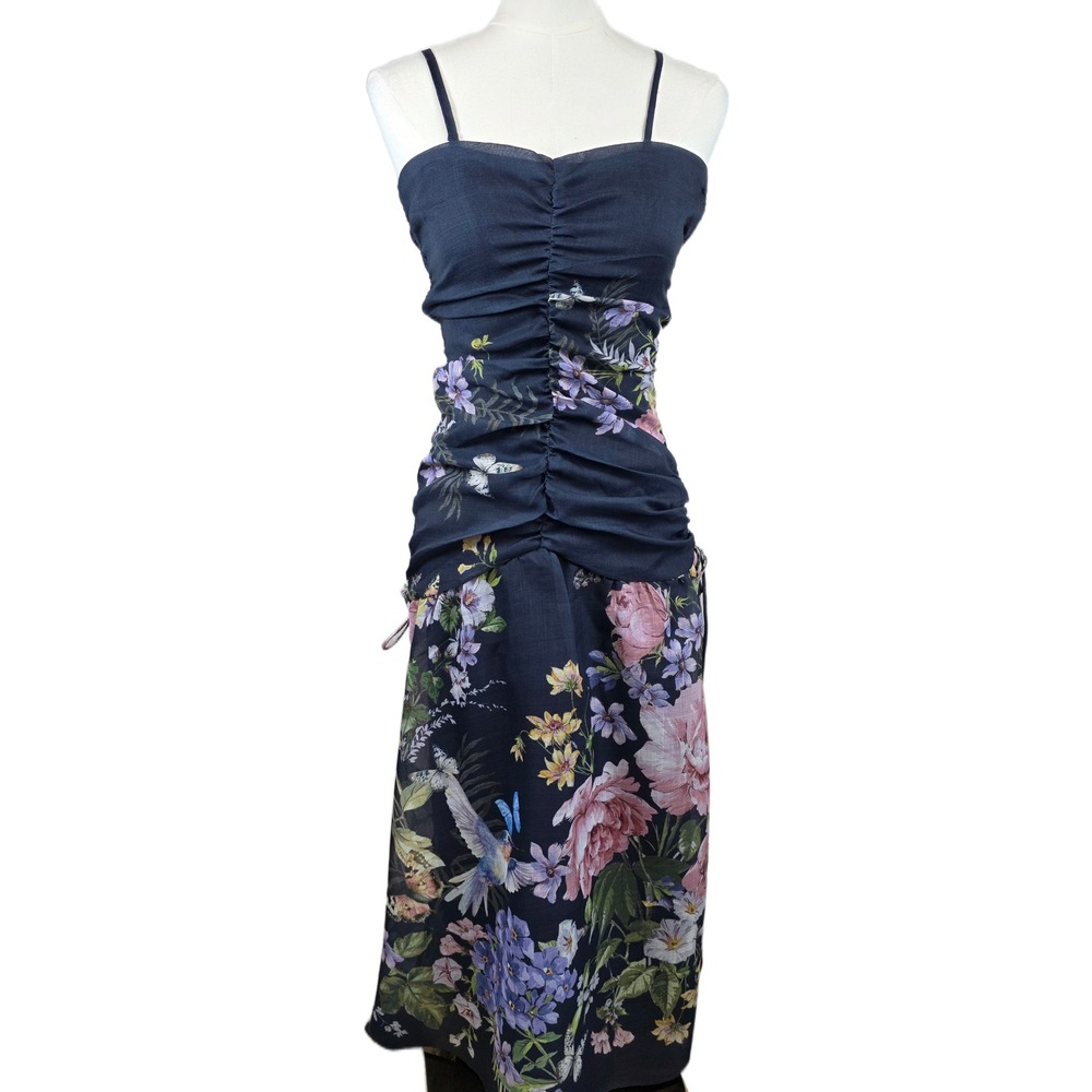 Lipsy Floral Navy Ruched Midi Sleeveless Dress w/Butterfly & Bird Accent